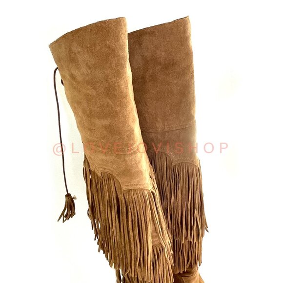 Bohemian | Sam Edelman Over-the-Knee Fringe Boots | Camel Tan Suede Western Tall - Picture 9 of 15